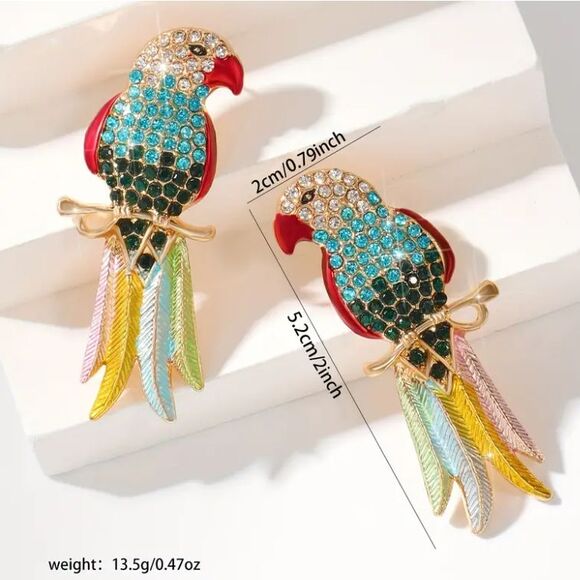 Gold & Rhinestone Parrot Bird Colorful Earrings Blue Green Tail Feathers - Picture 3 of 5